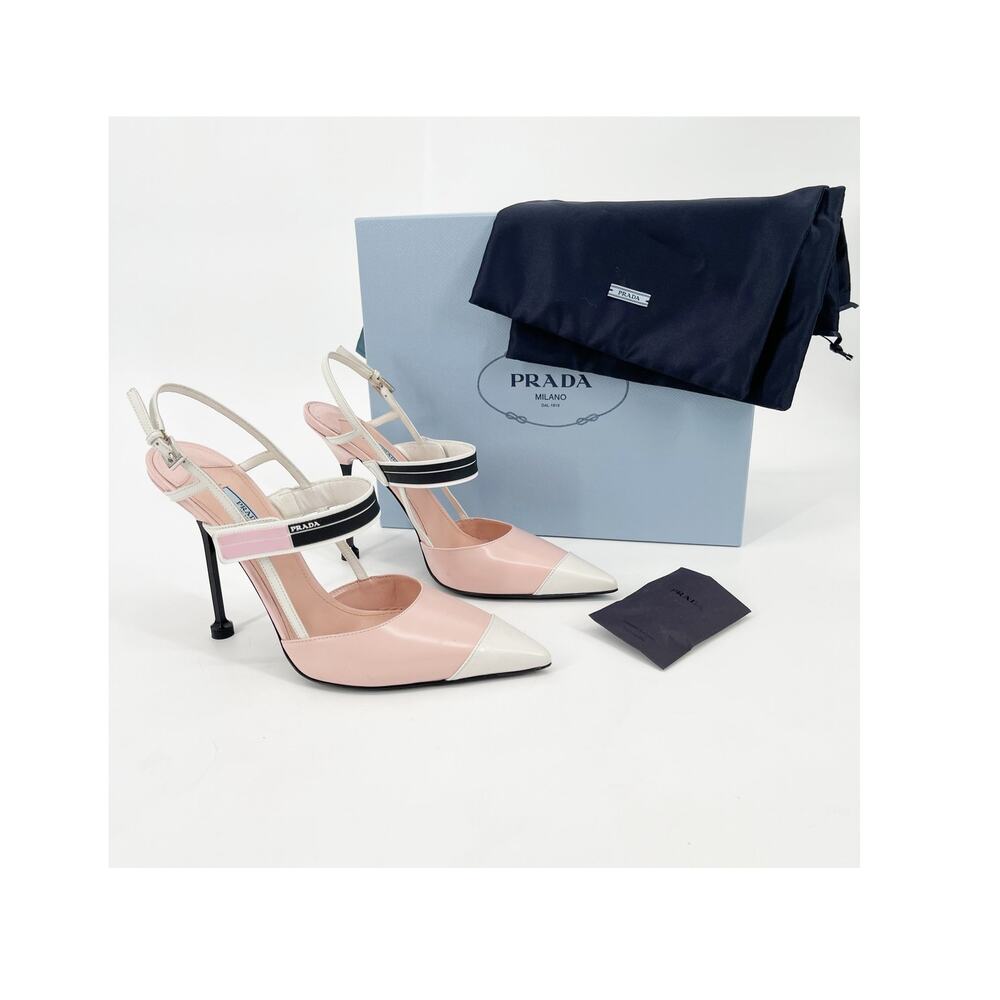 Prada Pink White Brushed Leather Logo Strap Slingback Cap Toe Heels IT 40